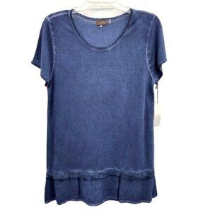 Crosby Blue Layered Hem Blouse Top Womens L NEW Rayon Short Sleeve Casual